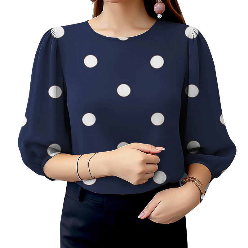 ZANZEA Casual Polka Dot Blouses Woman Elegant Round Neck 3/4 Puff Sleeve Regular Fit Tops Spring Autumn Commute Wear Blusas 3XL Kent Store