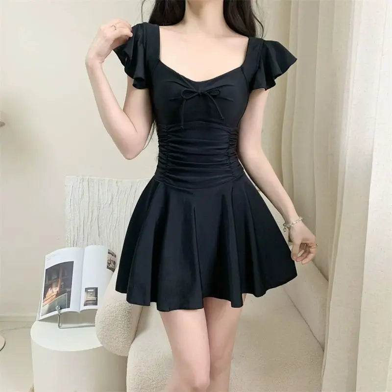 2026 Women Open Back Short Sleeve Swimsuit Solid Color Slimming Bathing Suit with Padding Thermal Spa Hot Spring Swimwear Kent Store