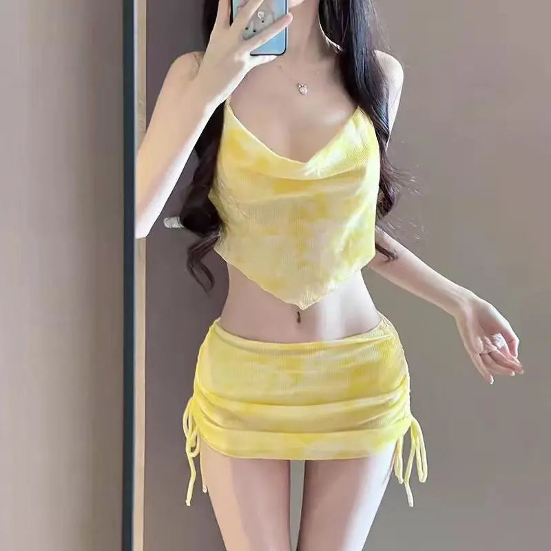 Women 3PCS Macaron Tie Dye Bikini Set Open Back Criss Cross Drawstring Swimwear Bathing Suit for Summer Beach Holiday Travel Kent Store