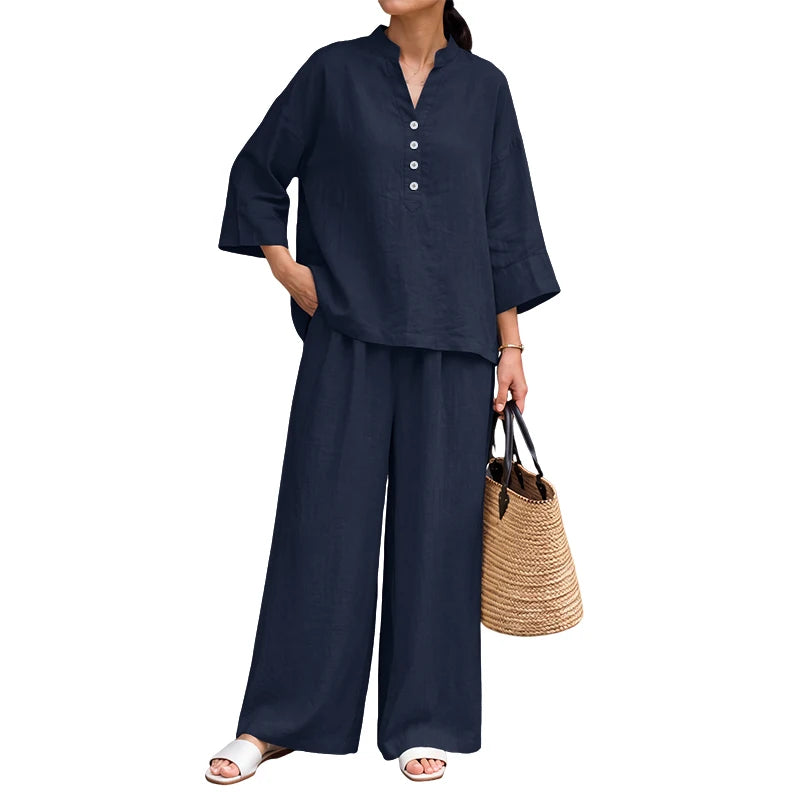 Women Loose Pant Sets Autumn V-Neck Long Sleeve Blouse & Wide Leg Pant 2 Piece Matching Sets ZANZEA Casual Daily Wear Co-ords Kent Store