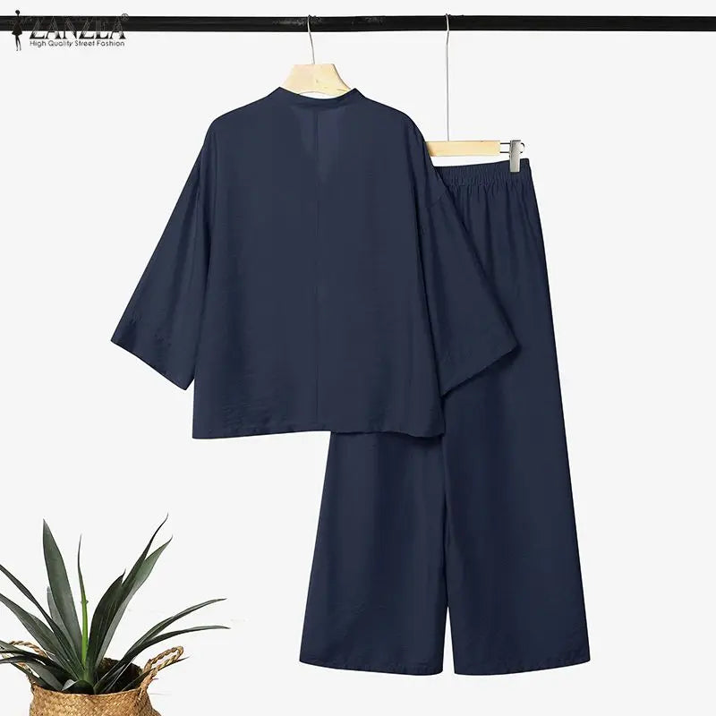 Women Loose Pant Sets Autumn V-Neck Long Sleeve Blouse & Wide Leg Pant 2 Piece Matching Sets ZANZEA Casual Daily Wear Co-ords Kent Store