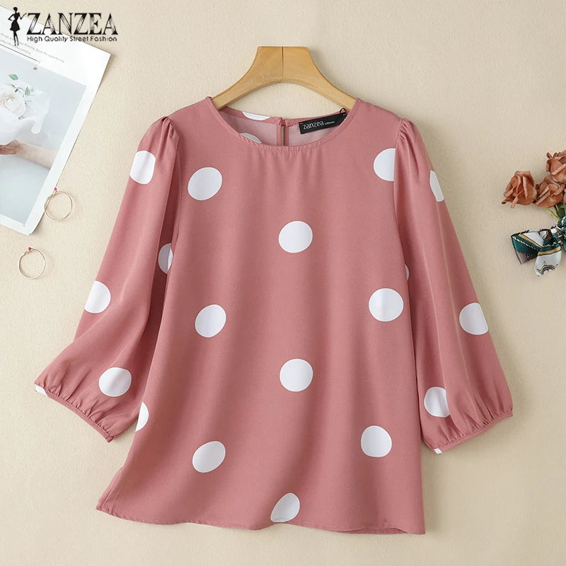 ZANZEA Casual Polka Dot Blouses Woman Elegant Round Neck 3/4 Puff Sleeve Regular Fit Tops Spring Autumn Commute Wear Blusas 3XL Kent Store