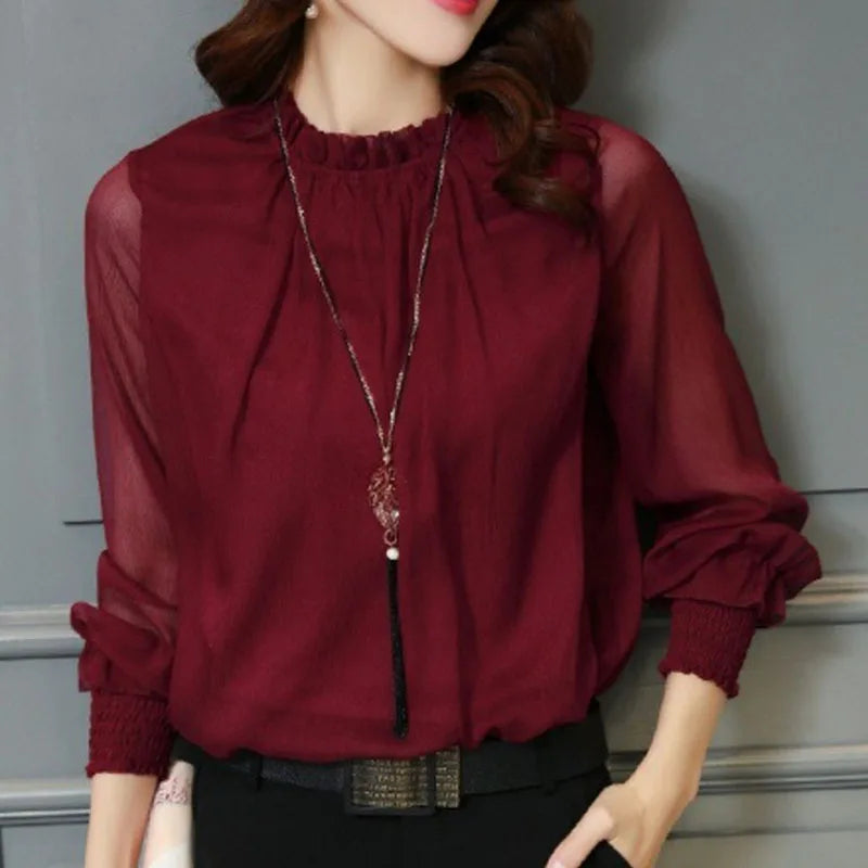 Chiffon Blouse New Women Tops Long Sleeve Stand Neck Work Wear Shirts Elegant Lady Casual Blouses women's blusas New Kent Store