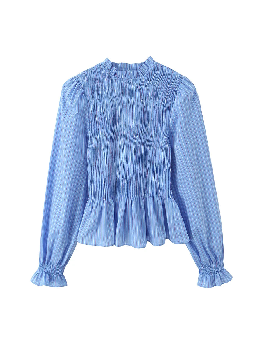 TWOTWINSTYLE Brunch Dates Blue Striped Ruffled Blouse for Women Stand Collar Smocked Puff Sleeves Peplum Tops for Office Wear Kent Store