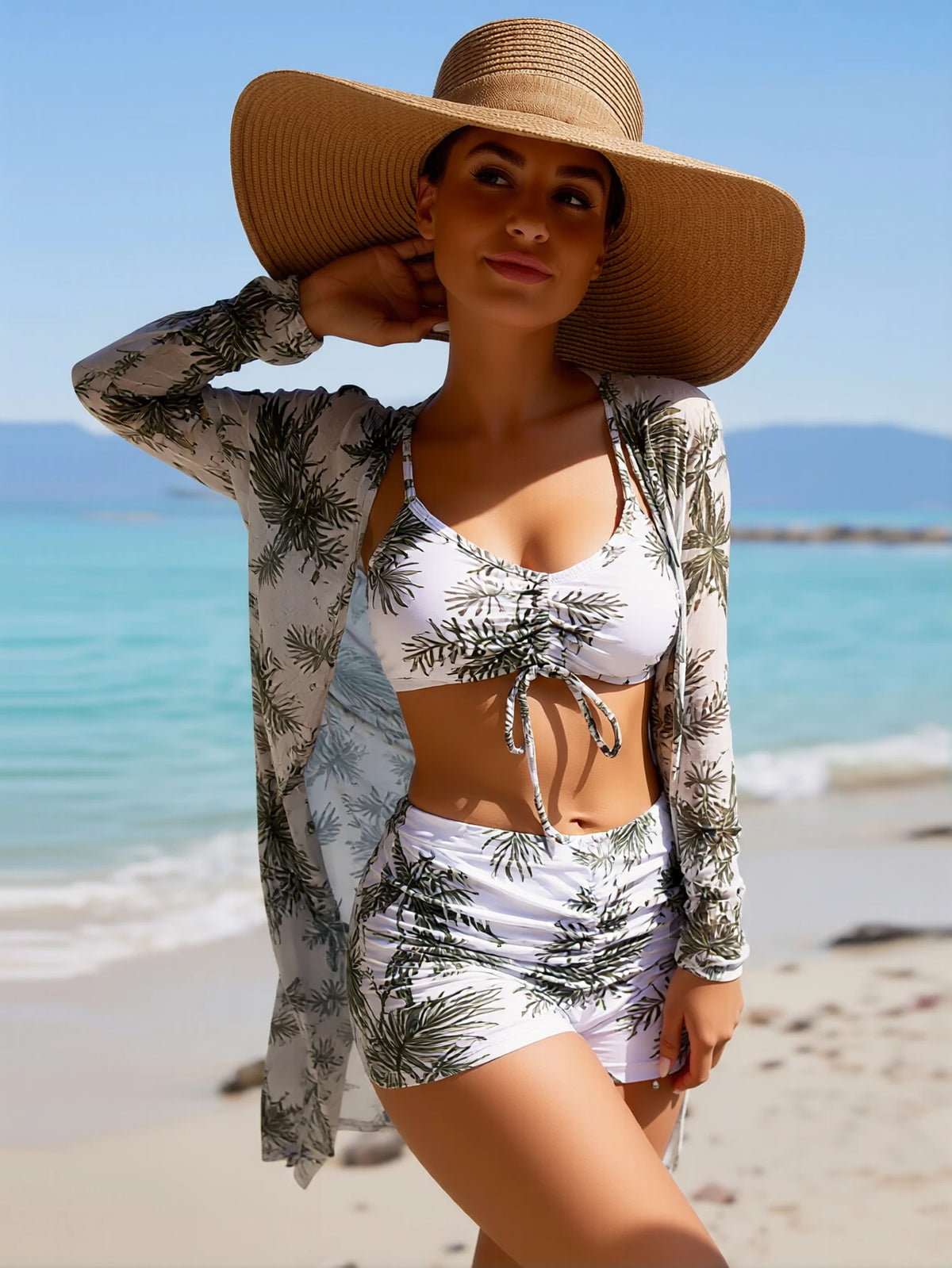 2026 New Pink Abstract Swirl Print 3 Piece Bikini Set, Front Tie Cami Crop Top High Waist Shorts Long Sleeve Kimono Cover Up Kent Store