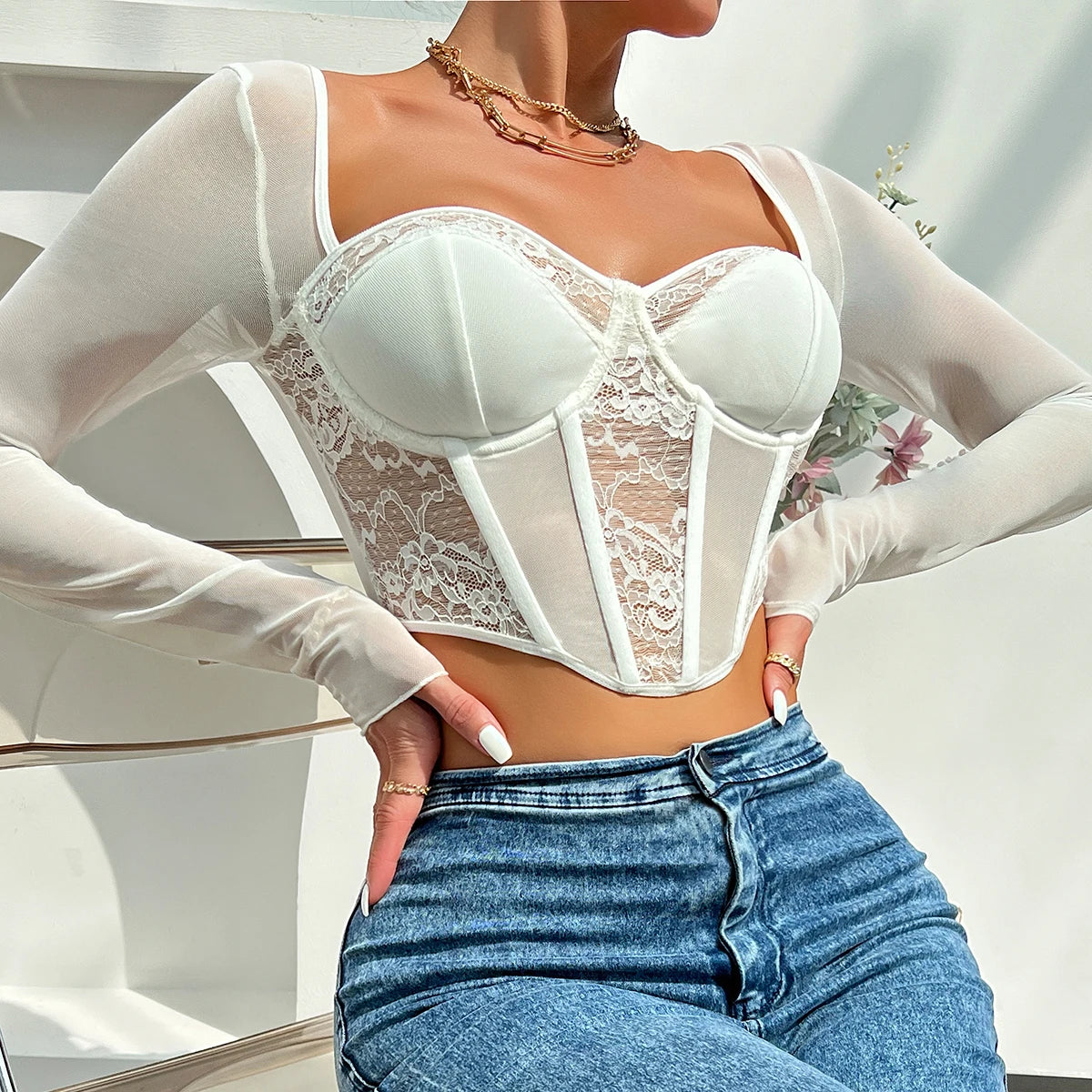 Chic Sexy V Neck Long Sleeve Mesh Crop Top, Women Black Backless Lace Embroidery Hollow Out Slim Comfortable Casual Wear Blouse Kent Store