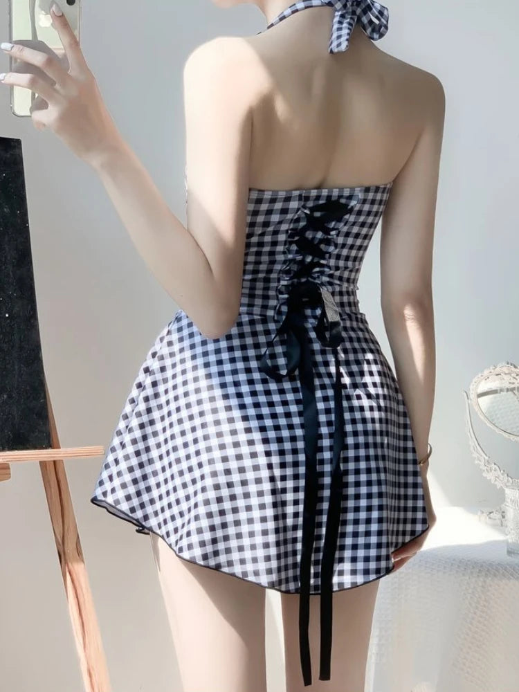 2026 New Women Backless One Piece Swimsuit Modest Plaid Lace Up Skirted Bathing Suit Tummy Control Slimming Beachwear Kent Store