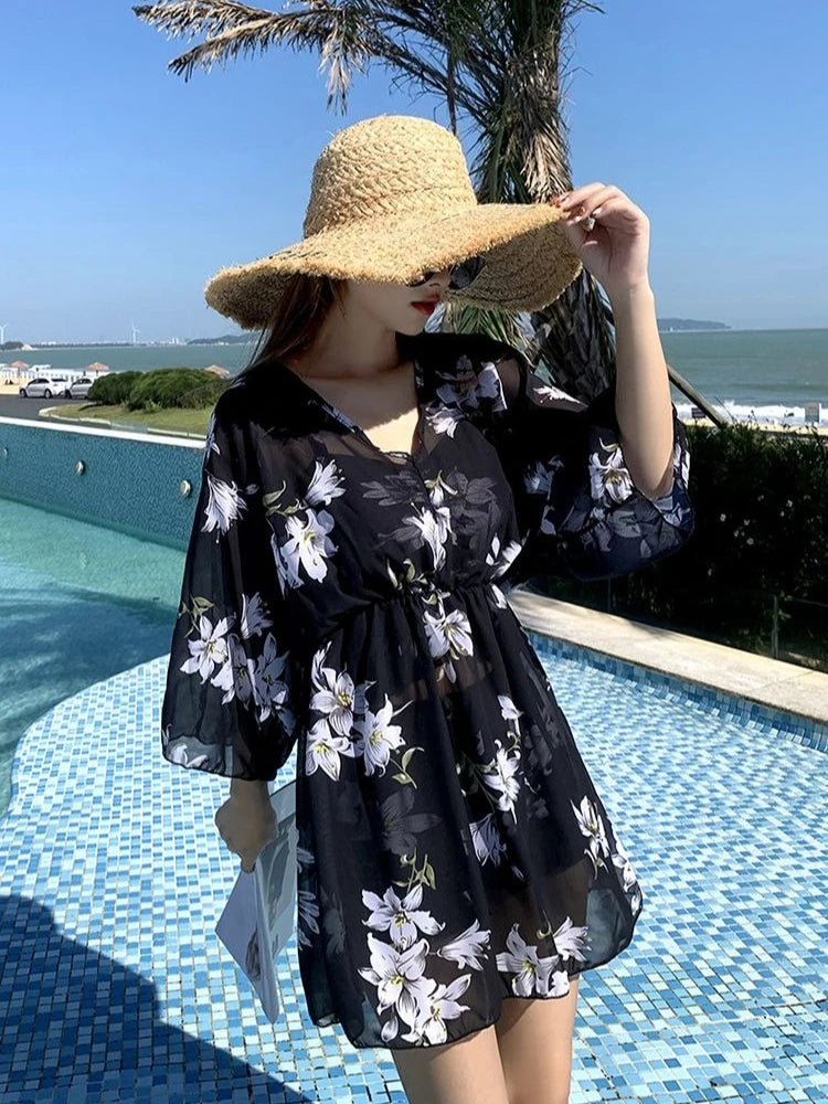 Modest Tankini Sets for Women High Waisted Boyleg Swimwear with Ruffle Sleeve Cover Up 3PCS Beachwear Kent Store