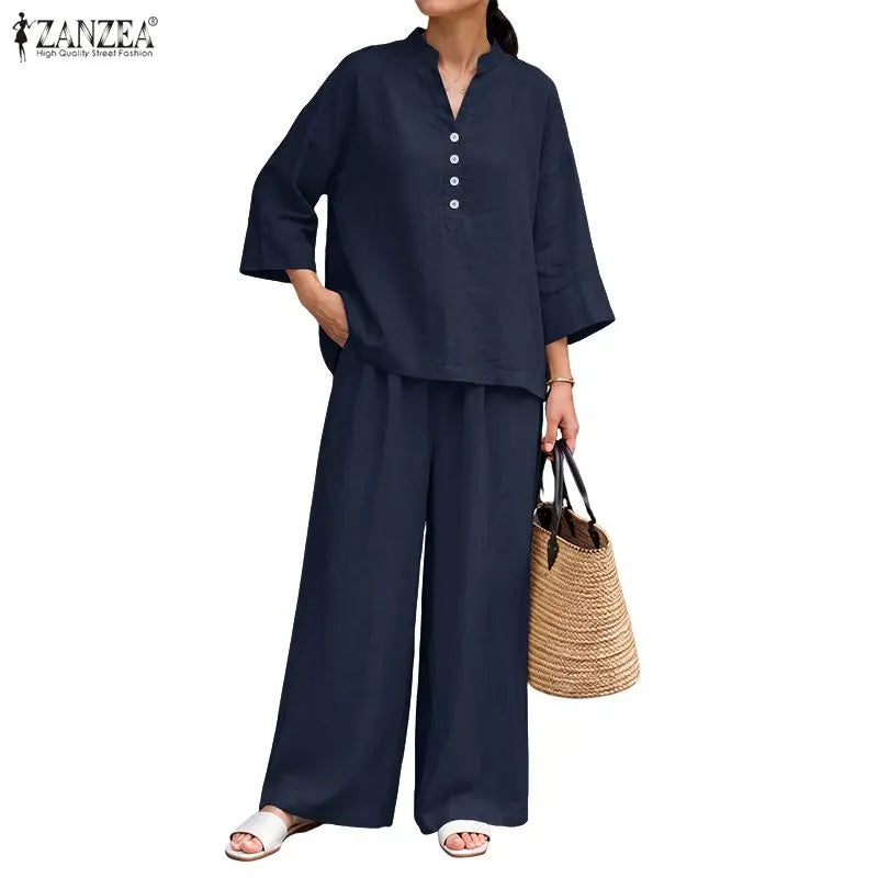 Women Loose Pant Sets Autumn V-Neck Long Sleeve Blouse & Wide Leg Pant 2 Piece Matching Sets ZANZEA Casual Daily Wear Co-ords Kent Store