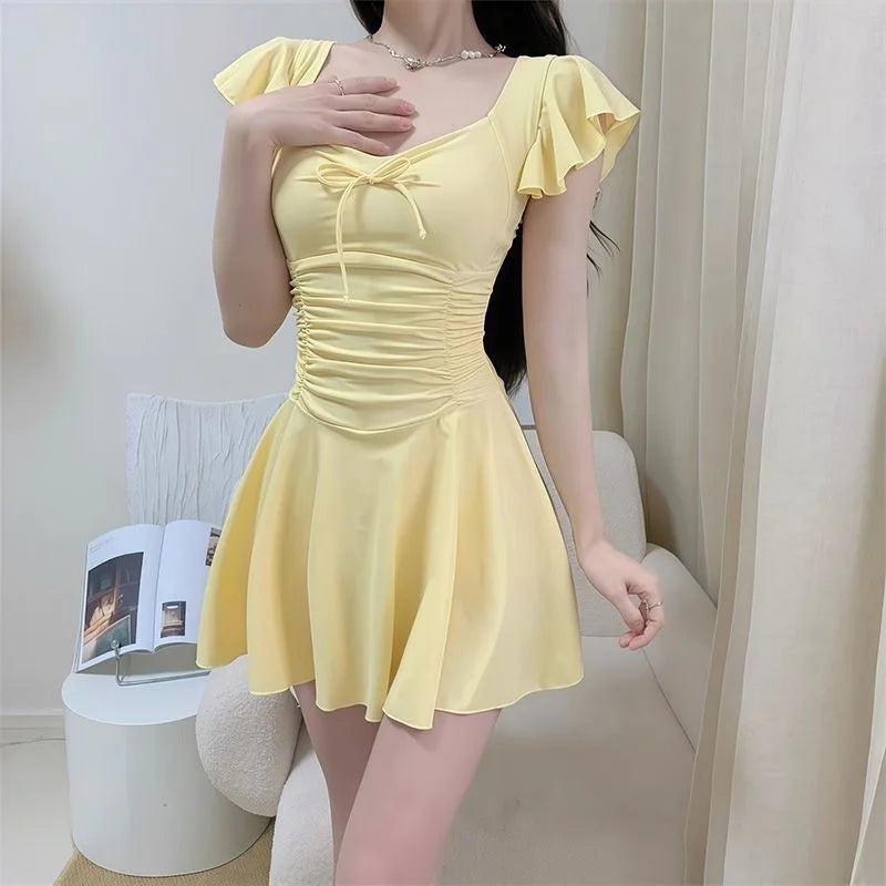 2026 New Women Skirted Swimdress Short Sleeve Tummy Control Swimsuit With Padding Slimming Hot Spring Bathing Suit Kent Store