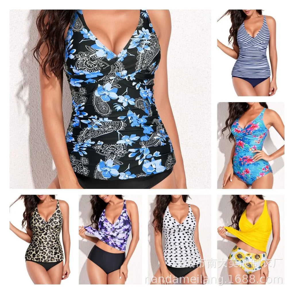 Swimwear Women Tankini Sleeveless V Neck Tankini Top Floral Print Ruched Waist Swim Dress Navy Blue High Waisted Bandeau Tankini Kent Store