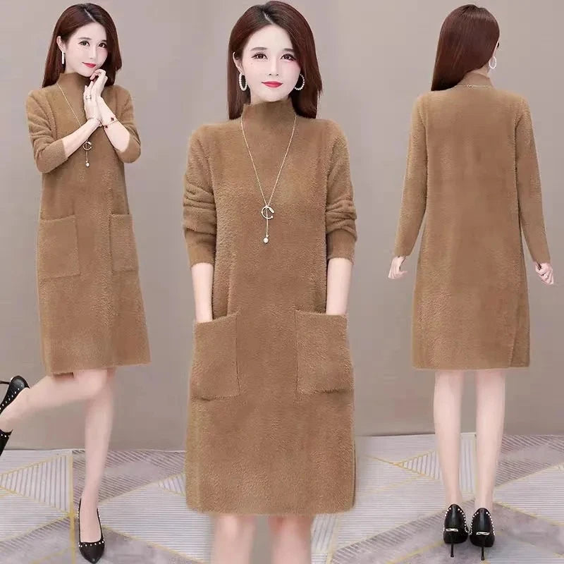 Fashion Thick Mink Velvet Long Sweater Dress Ladies Pullover Winter Wear Loose Mother Warm Dresses Women Elegant Purple 785 Kent Store