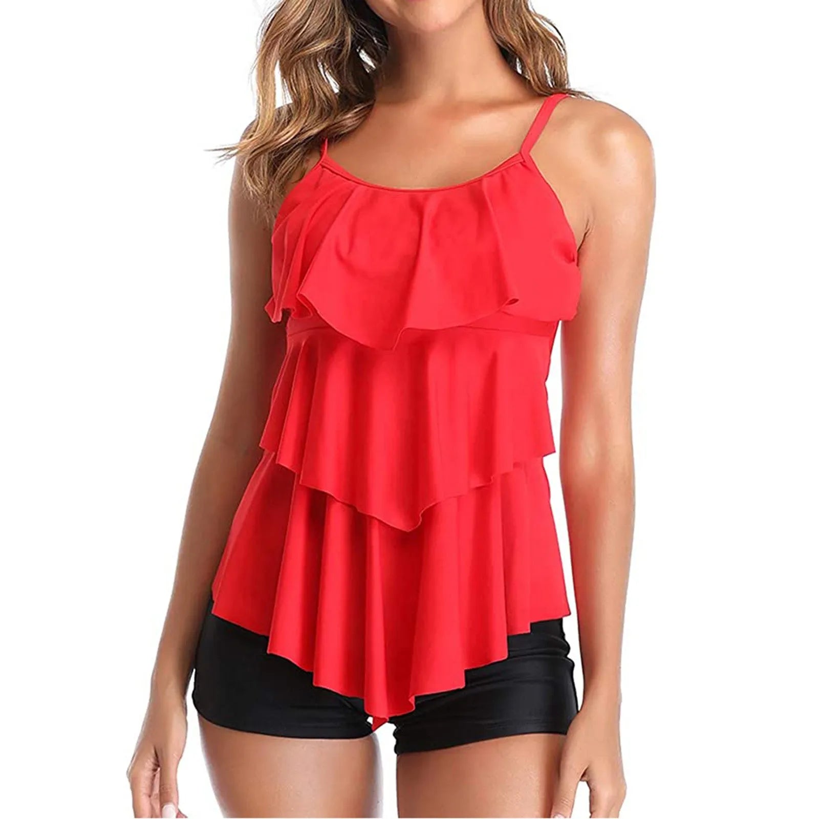 Woman Bikini Floral Print Tankini With Shorts High Waist Shorts Spaghetti Straps Swimwear Ruffle Trim Top Two Piece Swimsuit Kent Store