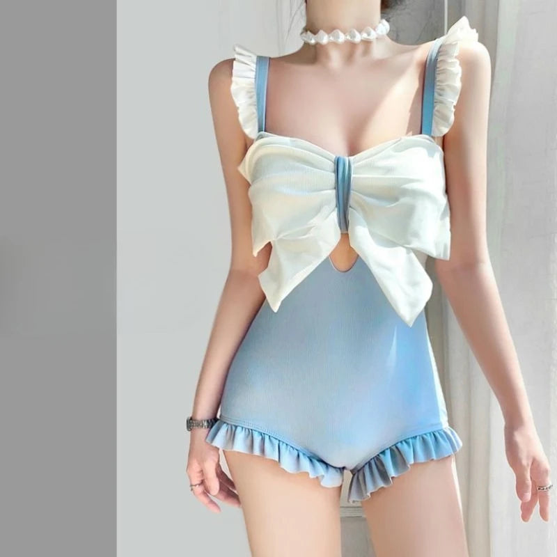 Cute Bowknot Detail Swimwear Ladies Elegant Backless One Piece Swimsuit Soft Pastel Color Swim Costume for Water Activities Kent Store