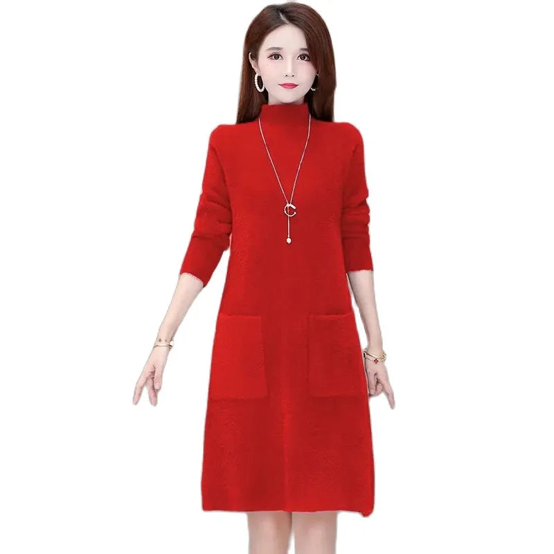 Fashion Thick Mink Velvet Long Sweater Dress Ladies Pullover Winter Wear Loose Mother Warm Dresses Women Elegant Purple 785 Kent Store