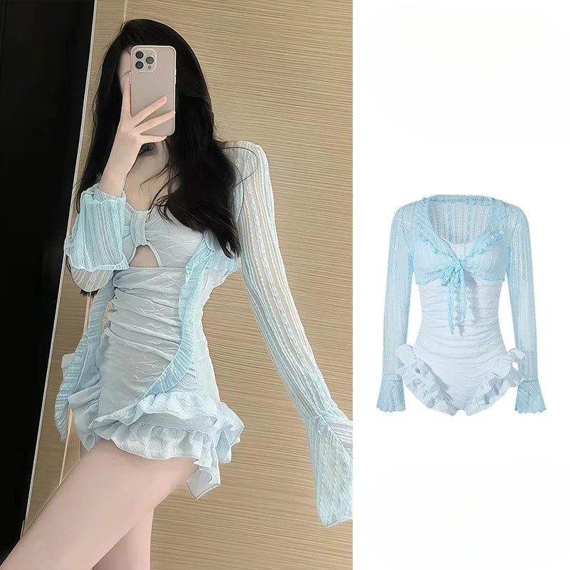 Modest Full Coverage Swimwear Female Lace Up Back Swimming Suit Cute Floral Print Rash Guard Sun Protection Pool Party Outfit Kent Store