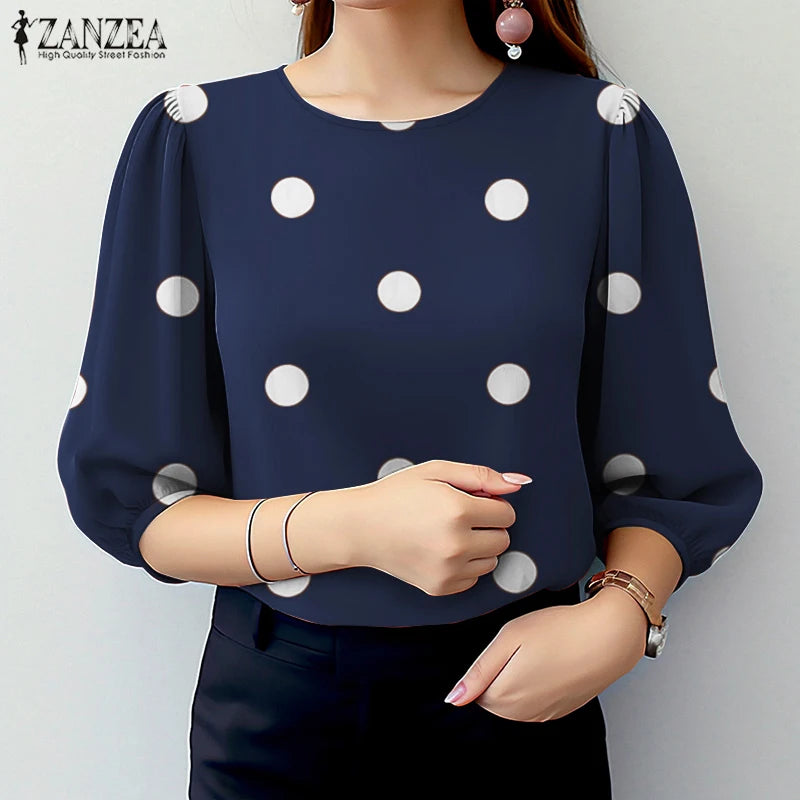 ZANZEA Casual Polka Dot Blouses Woman Elegant Round Neck 3/4 Puff Sleeve Regular Fit Tops Spring Autumn Commute Wear Blusas 3XL Kent Store