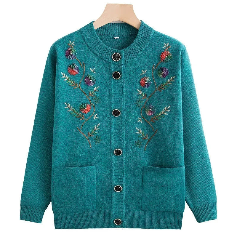 Women Long Sleeved Sweater Bottoming Shirt Grandma Cardigan Middle-aged and Elderly New Printed Spring Autumn Mother Wear Coat Kent Store