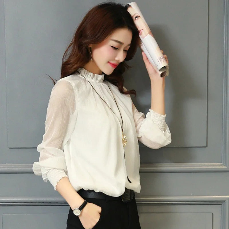 Chiffon Blouse New Women Tops Long Sleeve Stand Neck Work Wear Shirts Elegant Lady Casual Blouses women's blusas New Kent Store