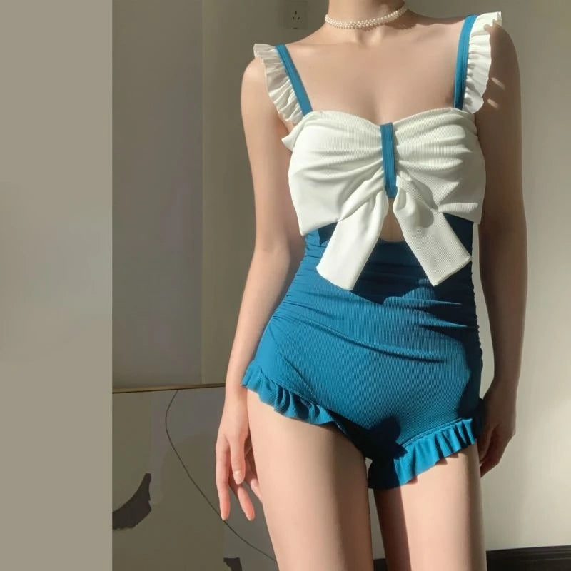 Cute Bowknot Detail Swimwear Ladies Elegant Backless One Piece Swimsuit Soft Pastel Color Swim Costume for Water Activities Kent Store