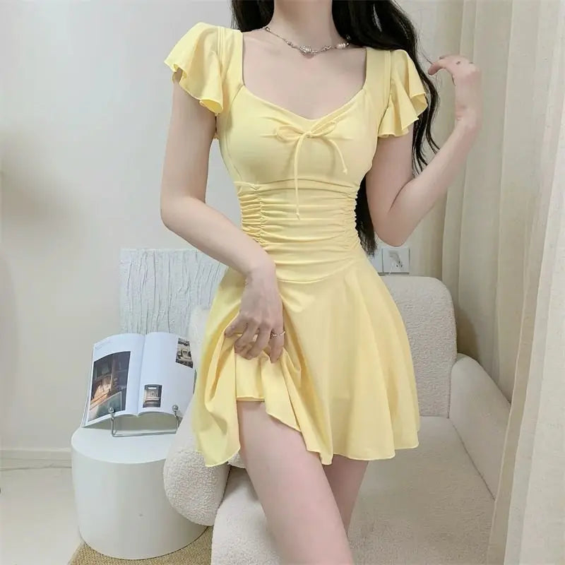 2026 New Women Skirted Swimdress Short Sleeve Tummy Control Swimsuit With Padding Slimming Hot Spring Bathing Suit Kent Store