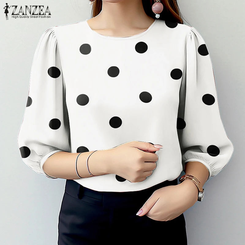 ZANZEA Casual Polka Dot Blouses Woman Elegant Round Neck 3/4 Puff Sleeve Regular Fit Tops Spring Autumn Commute Wear Blusas 3XL Kent Store