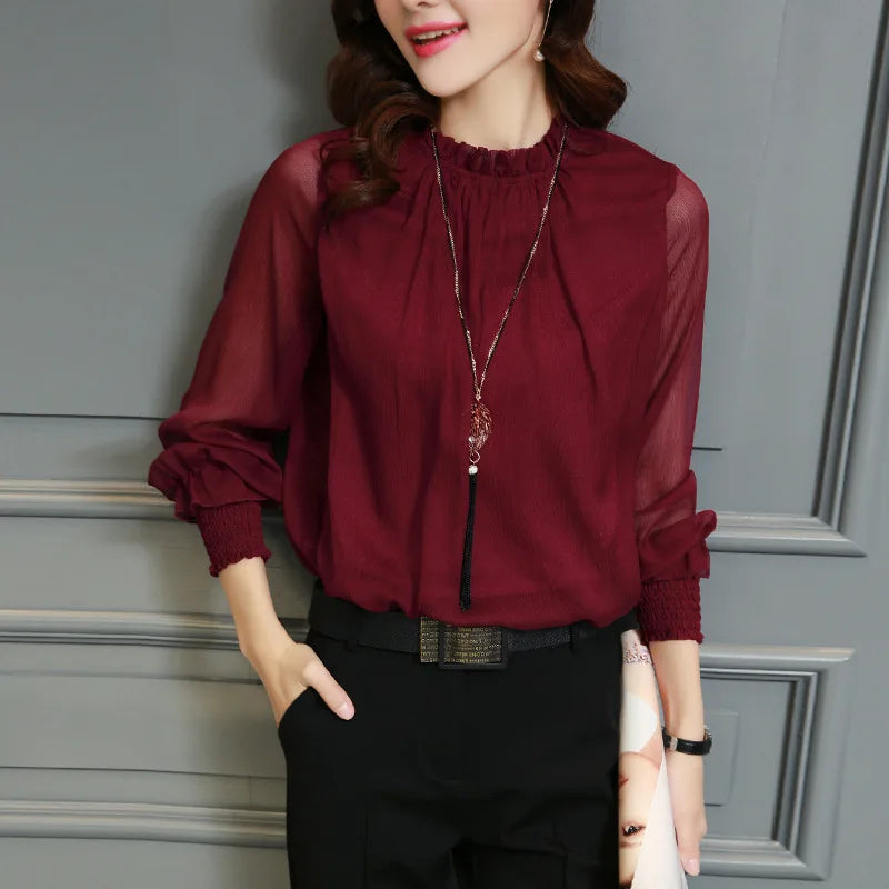 Chiffon Blouse New Women Tops Long Sleeve Stand Neck Work Wear Shirts Elegant Lady Casual Blouses women's blusas New Kent Store