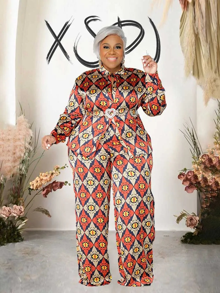 Female Clothing Long Sleeve 2 Piece Sets Women Outfit Shirt Blouse and Straight Trouser Print Autumn Pants Outfit Plus Size Sets Kent Store
