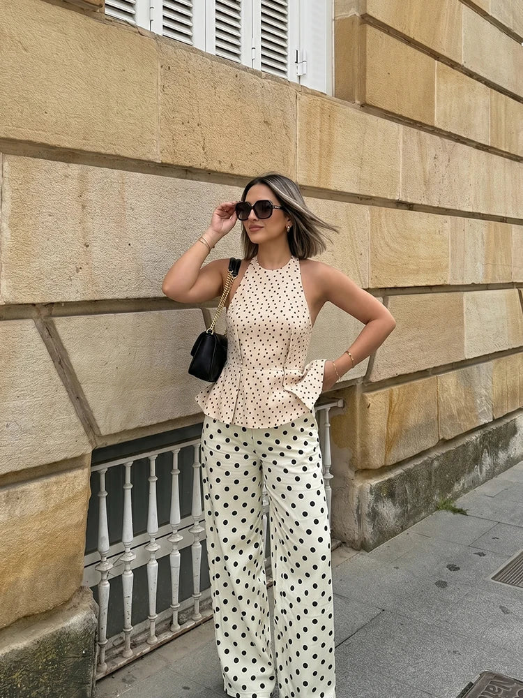 HH Polka Dot Halter Neck Top For Women 2026 Summer Tie Back Sleeveless Peplum Blouse Elegant Daily Vacation Business Wear Kent Store