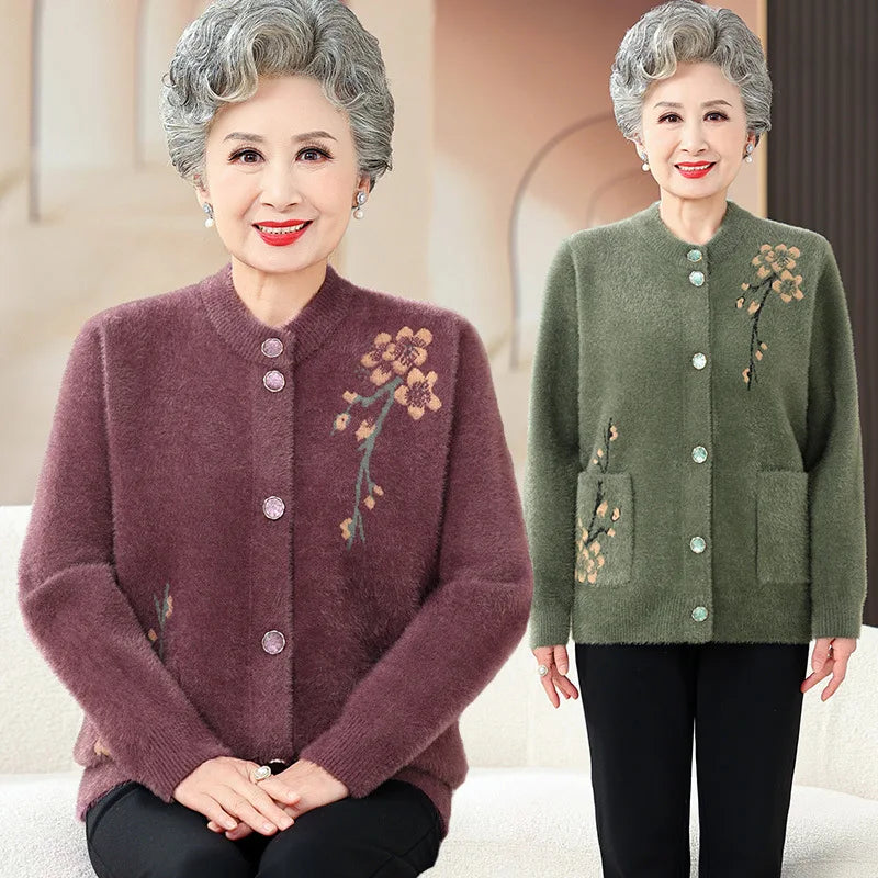 Grandma Thick Warm Mink Velvet Sweater Top Winter Middle Aged Mother Outside Wear Cardigan Jacket Vintage Women Knitted Coat Kent Store
