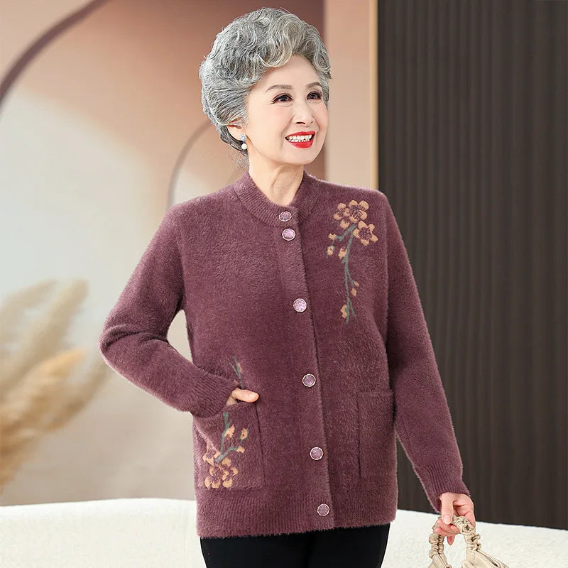 Grandma Thick Warm Mink Velvet Sweater Top Winter Middle Aged Mother Outside Wear Cardigan Jacket Vintage Women Knitted Coat Kent Store