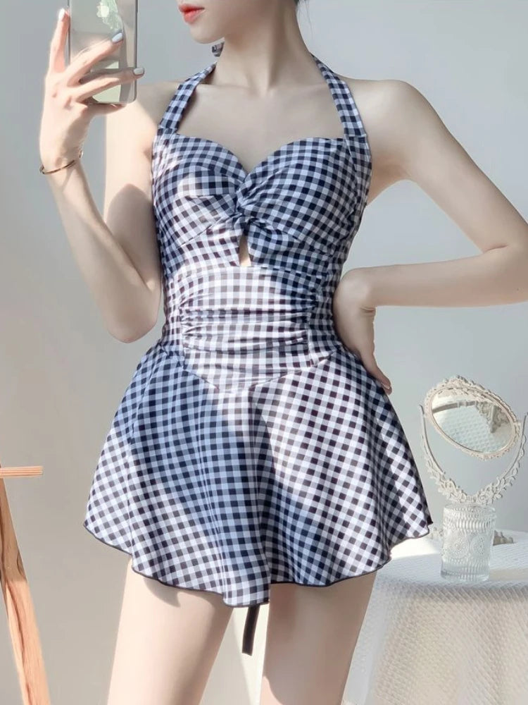 2026 New Women Backless One Piece Swimsuit Modest Plaid Lace Up Skirted Bathing Suit Tummy Control Slimming Beachwear Kent Store