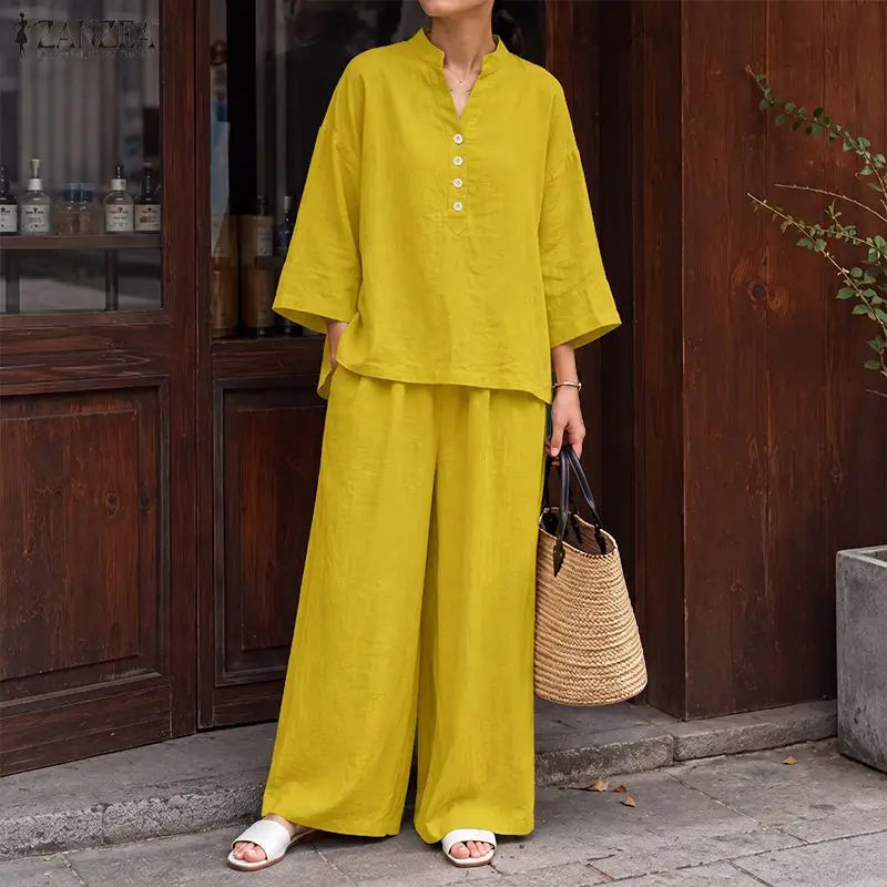Women Loose Pant Sets Autumn V-Neck Long Sleeve Blouse & Wide Leg Pant 2 Piece Matching Sets ZANZEA Casual Daily Wear Co-ords Kent Store