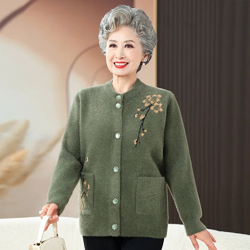 Grandma Thick Warm Mink Velvet Sweater Top Winter Middle Aged Mother Outside Wear Cardigan Jacket Vintage Women Knitted Coat Kent Store