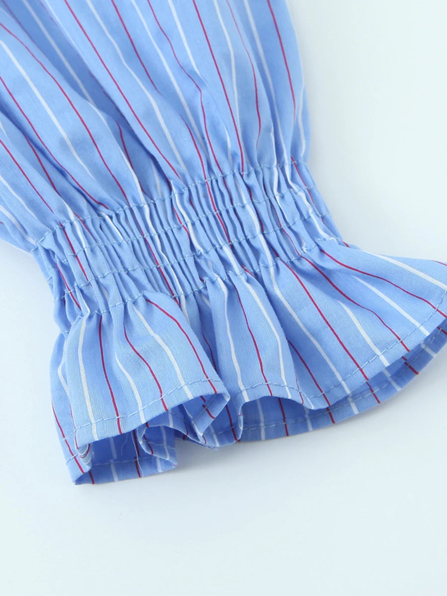 TWOTWINSTYLE Brunch Dates Blue Striped Ruffled Blouse for Women Stand Collar Smocked Puff Sleeves Peplum Tops for Office Wear Kent Store