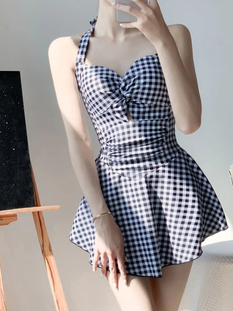 2026 New Women Backless One Piece Swimsuit Modest Plaid Lace Up Skirted Bathing Suit Tummy Control Slimming Beachwear Kent Store