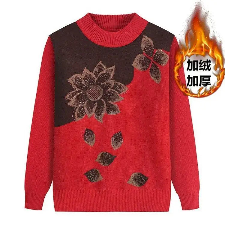 Middle-aged  Elderly Women's Autumn Winter Mothers Wear Long-sleeved Pullover Sweater Plus Velvet Thickened Kent Store