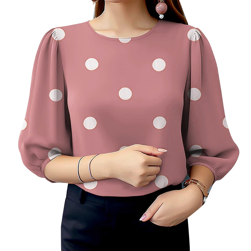 ZANZEA Casual Polka Dot Blouses Woman Elegant Round Neck 3/4 Puff Sleeve Regular Fit Tops Spring Autumn Commute Wear Blusas 3XL Kent Store