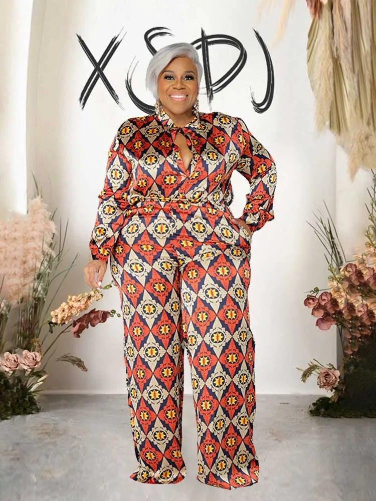 Female Clothing Long Sleeve 2 Piece Sets Women Outfit Shirt Blouse and Straight Trouser Print Autumn Pants Outfit Plus Size Sets Kent Store