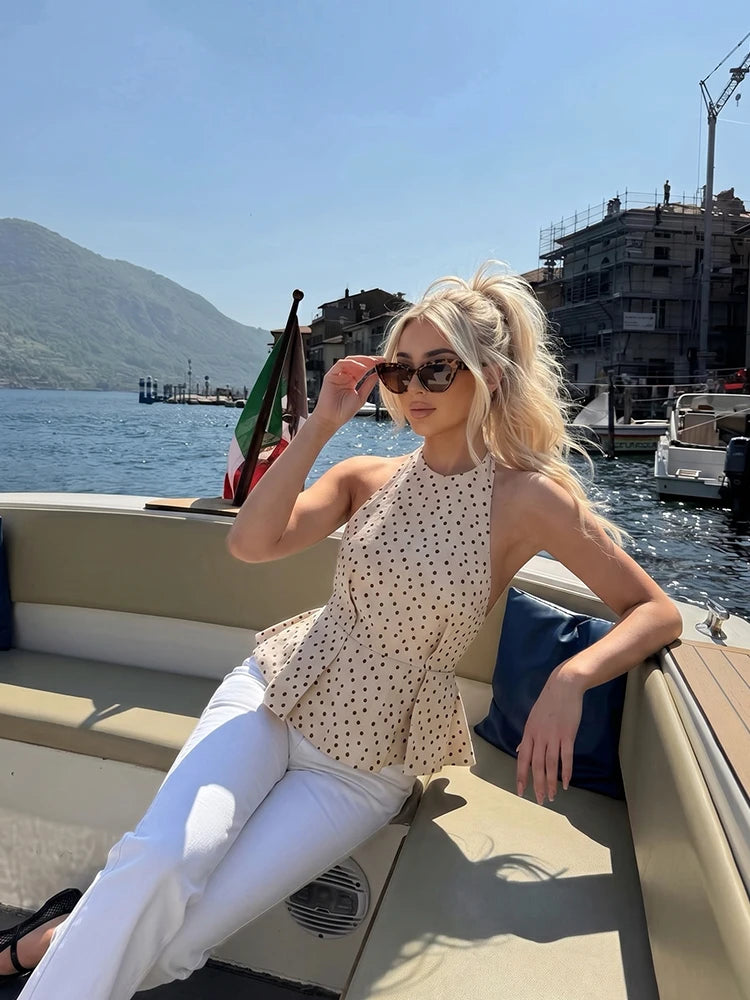 HH Polka Dot Halter Neck Top For Women 2026 Summer Tie Back Sleeveless Peplum Blouse Elegant Daily Vacation Business Wear Kent Store