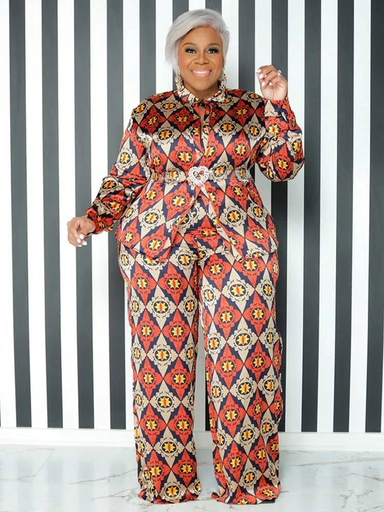 Female Clothing Long Sleeve 2 Piece Sets Women Outfit Shirt Blouse and Straight Trouser Print Autumn Pants Outfit Plus Size Sets Kent Store
