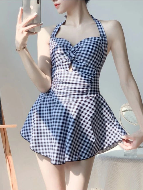 2026 New Women Backless One Piece Swimsuit Modest Plaid Lace Up Skirted Bathing Suit Tummy Control Slimming Beachwear Kent Store