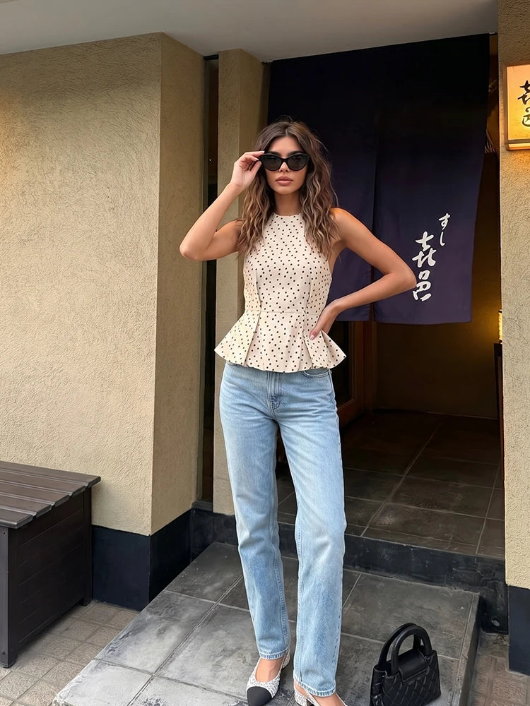 HH Polka Dot Halter Neck Top For Women 2026 Summer Tie Back Sleeveless Peplum Blouse Elegant Daily Vacation Business Wear Kent Store