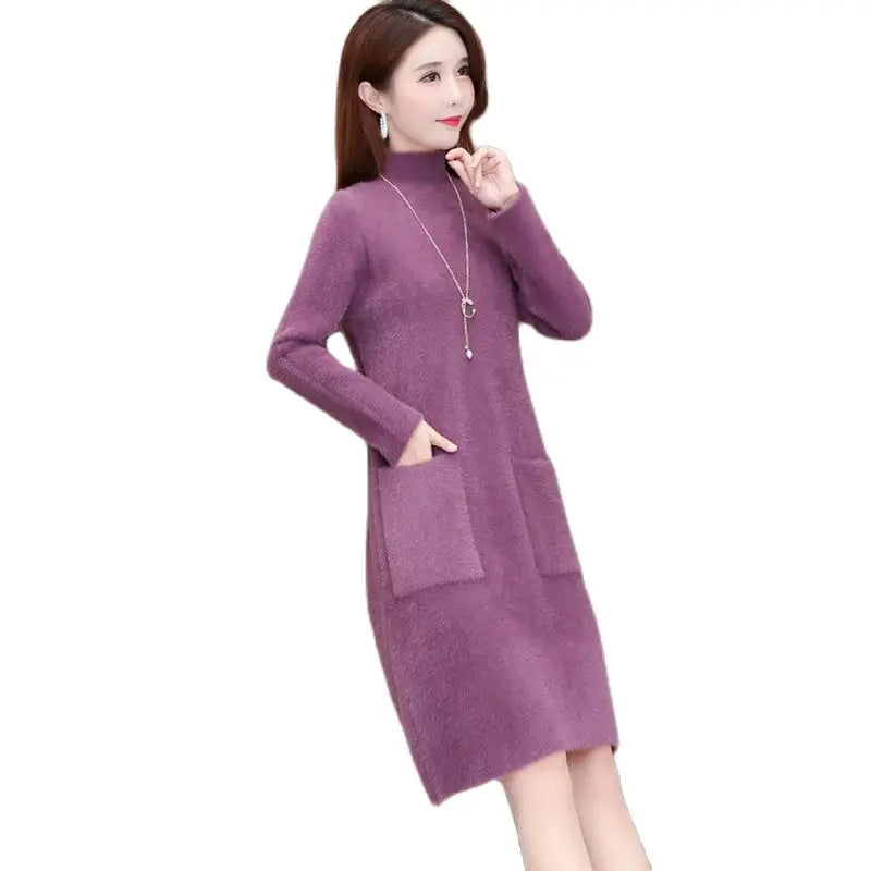 Fashion Thick Mink Velvet Long Sweater Dress Ladies Pullover Winter Wear Loose Mother Warm Dresses Women Elegant Purple 785 Kent Store