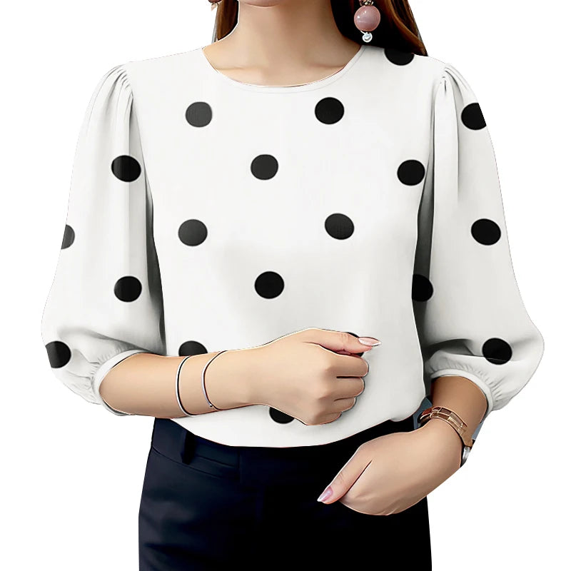 ZANZEA Casual Polka Dot Blouses Woman Elegant Round Neck 3/4 Puff Sleeve Regular Fit Tops Spring Autumn Commute Wear Blusas 3XL Kent Store