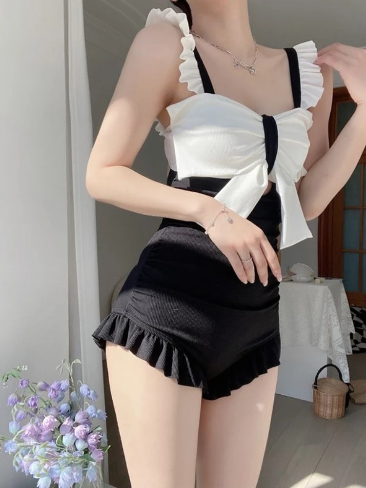 Cute Bowknot Detail Swimwear Ladies Elegant Backless One Piece Swimsuit Soft Pastel Color Swim Costume for Water Activities Kent Store