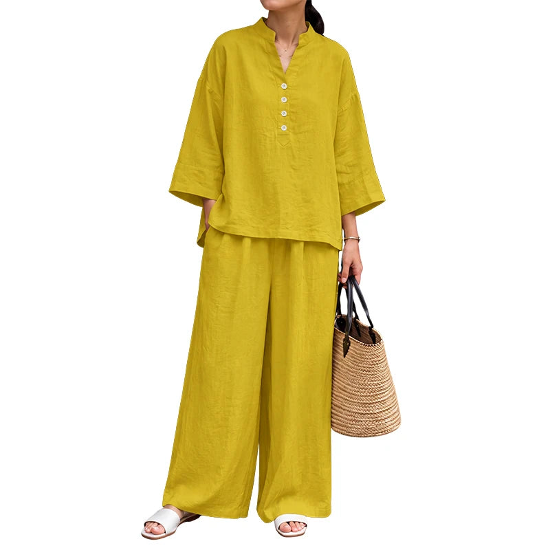 Women Loose Pant Sets Autumn V-Neck Long Sleeve Blouse & Wide Leg Pant 2 Piece Matching Sets ZANZEA Casual Daily Wear Co-ords Kent Store