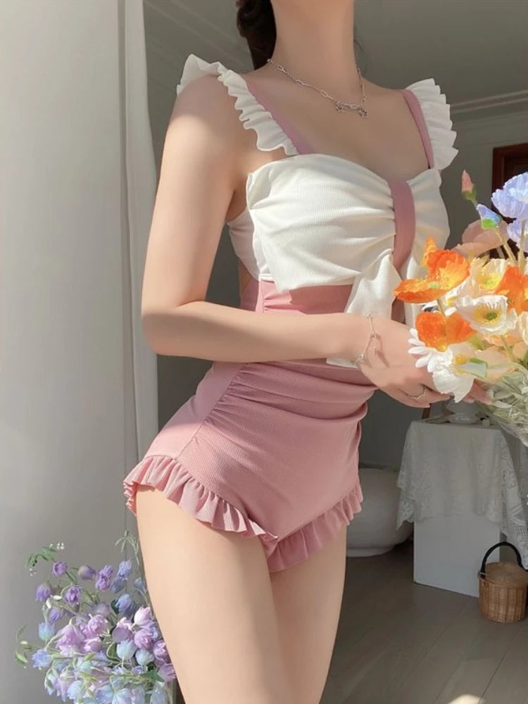 Cute Bowknot Detail Swimwear Ladies Elegant Backless One Piece Swimsuit Soft Pastel Color Swim Costume for Water Activities Kent Store