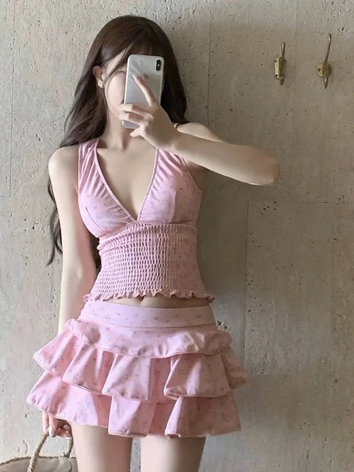 Summer Women's Clothing Slimming Tankini Swimsuit Woman Modest Skirted Bikini Sets For Woman Polyester Vintage Floral Print Kent Store