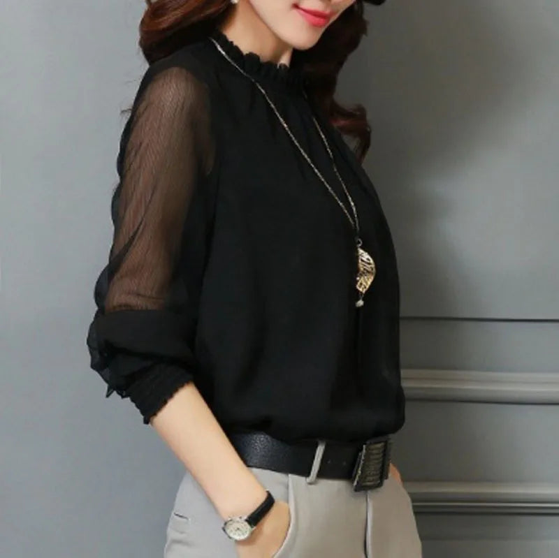 Chiffon Blouse New Women Tops Long Sleeve Stand Neck Work Wear Shirts Elegant Lady Casual Blouses women's blusas New Kent Store